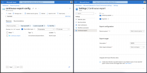 Azure portal resource group and continuous export settings page